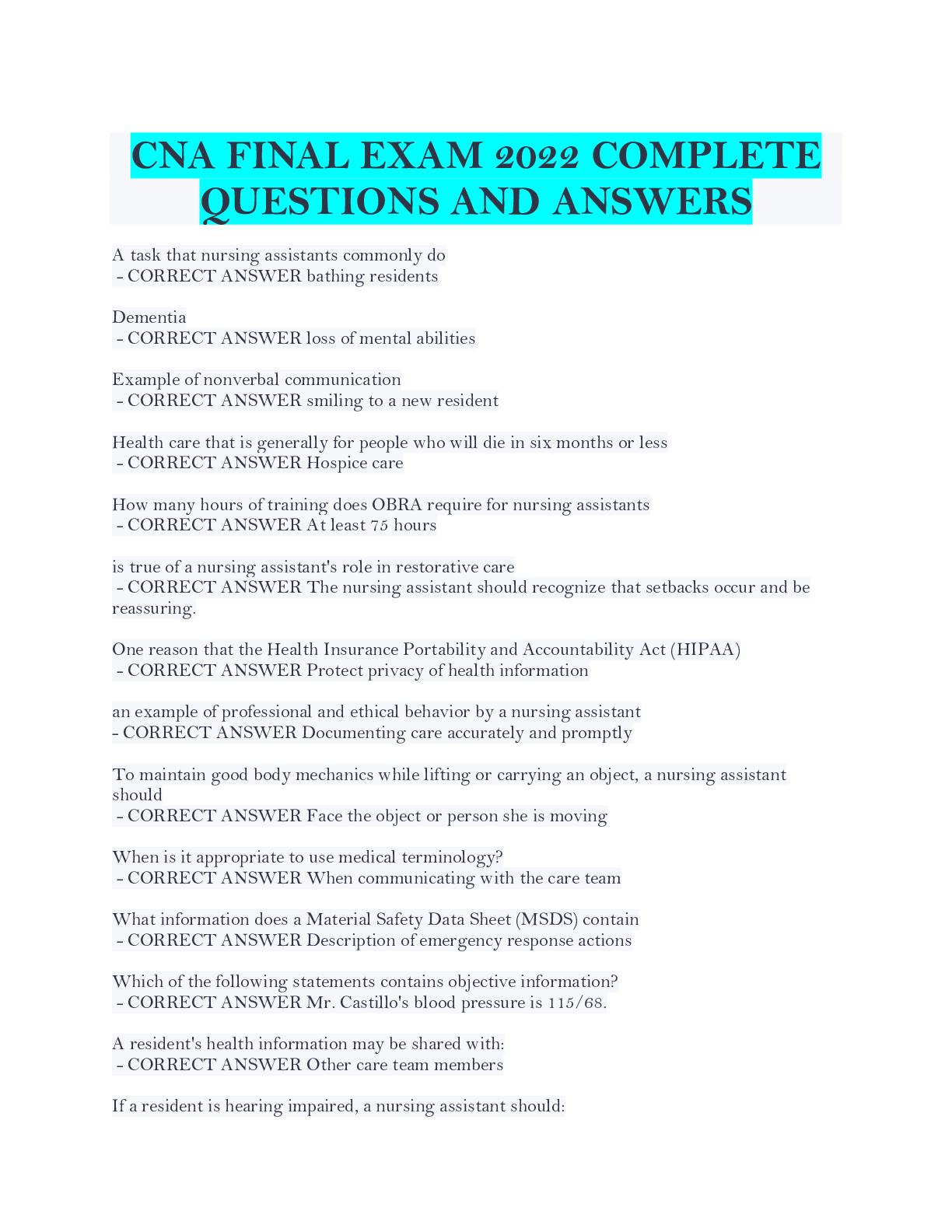 CNA FINAL EXAM 2022 COMPLETE QUESTIONS AND ANSWERS Browsegrades